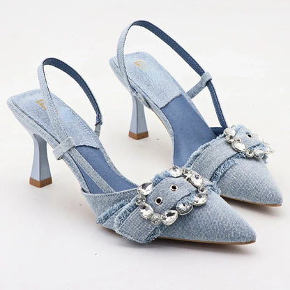 aichashi  -  Denim Rhinestone Blue High Heels Sandals Designer Summer Office Women Shoes Pointed Toe Low Heel Elegant Jean Ladies Shoes Pumps