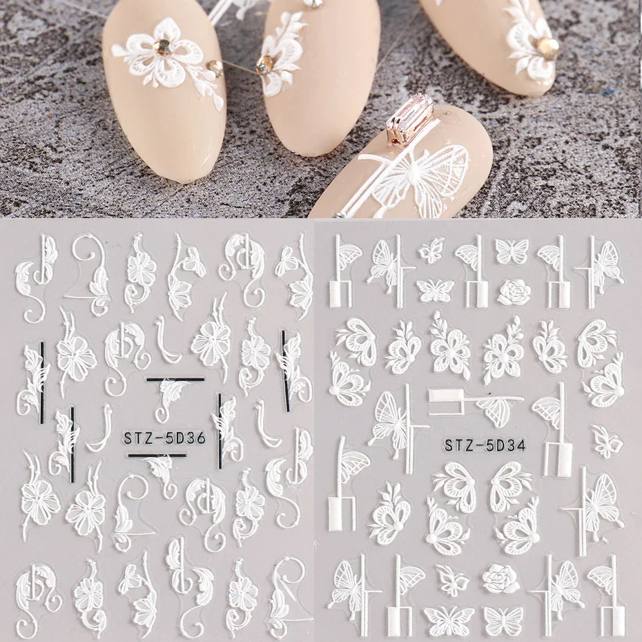 2Pcs 5D Acrylic Lace Flowers Nail Stickers Decals White Wedding Design Simple Floral Embossed Sliders DIY Nails Accesories