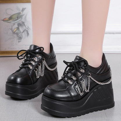 Aichashi Metal Chain Punk Gothic Shoes Woman Thick Bottom High Wedge Sneakers for Women New Black Chunky Platform Y2K Uniform Shoes