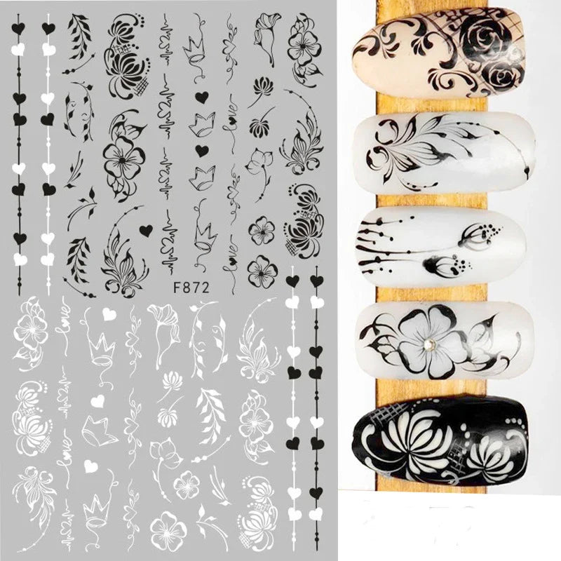 Aichashi 1PCS Black White Butterfly Laser Nail Stickers Y2K Nail Art Decoration Abstract Lines Bronzing Flowers Stickers For Nails