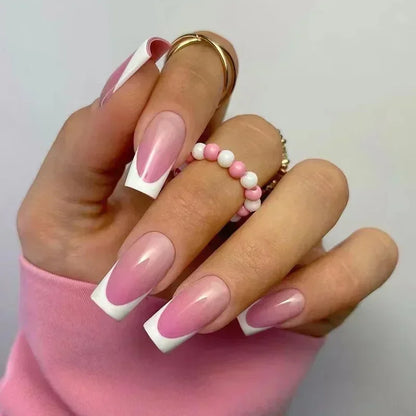 Black Lines White Beveled Edge French Long Square Fake Nails Fashion Detachable Finished False Nails Press on Nails with Glue