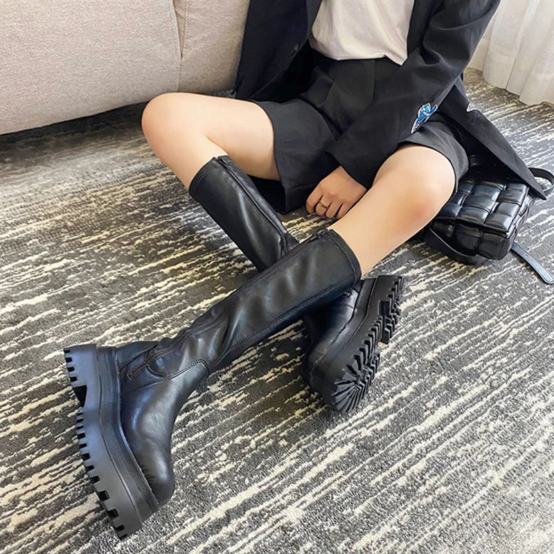 aichashi  -  Winter Chunky Platform Heels Long Boots Round Toe Zipper Thick Sole Ladies Fashion Winter Women's Knee High Platform Boots