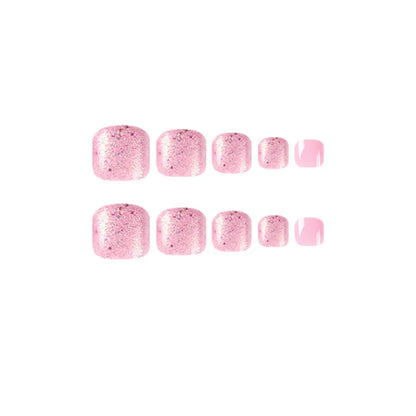 Aichashi 24Pcs/Set Wearable False Nails Gentle Pink Press on Toe Nail Pieces Glitter Fake Toe Nails Short Acrylic Fake Nails Art Finished