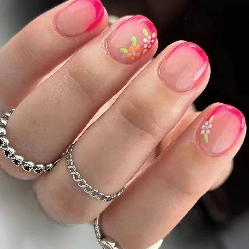 24Pcs Colorful Flowers Design False Nails with Glue Summer Almond Round Fake Nails Wearable Press on Nails Full Cover Nail Tips