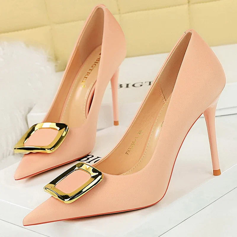 aichashi  -  Shoes Metal Buckle High Heels Women Shoes Silks Satins Pointed Toe Women Pumps Stilettos Fashion Office Shoes 10 Colors