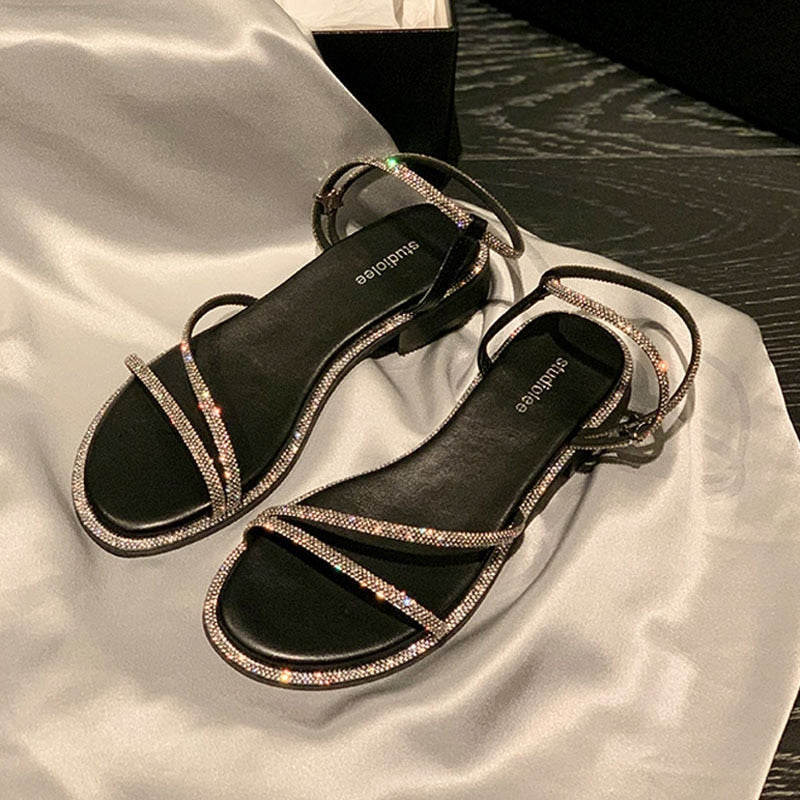 Aichashi Designer Rhinestone Sandals Woman Flat Sandalias Mujer Summer Shoes Thin Strips Slip on Sandal Pu Leather Flip Flops Slides