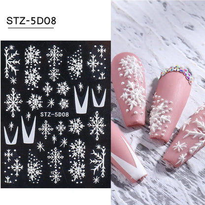 5D Snowflake Embossed Nail Sticker White Elk Tree Carved Santa Claus Christmas Nail Glitter Slider  Winter Nail Accessories