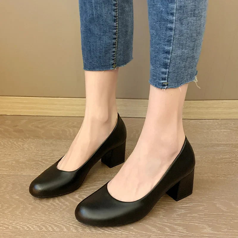 Aichashi New Soft Leather Pumps Women Basic Spring Square High Heels Office Career Comfortable Shoes Plus Size 43 44 45 For Lady