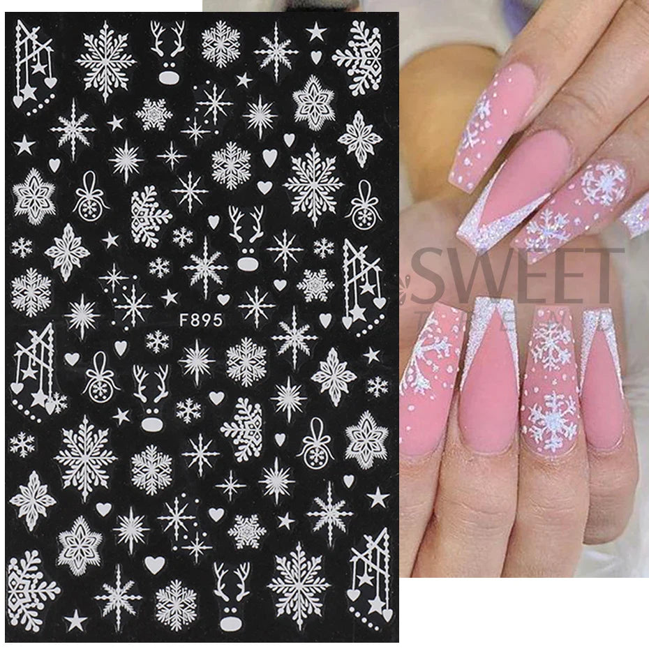 Aichashi 2pcs White Glitter Snowflakes Nail Stickers Elk Star Heart Sparkly Winter Christmas Adhesive Slider Decal New Year Xmas Manicure