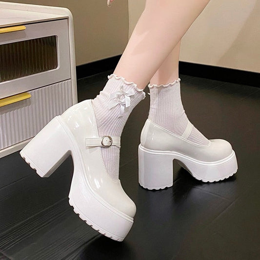 Aichashi Fashion White Platform Pumps for Women Super High Heels Buckle Strap Mary Jane Shoes Woman Goth Thick Heeled Party Shoes Ladies