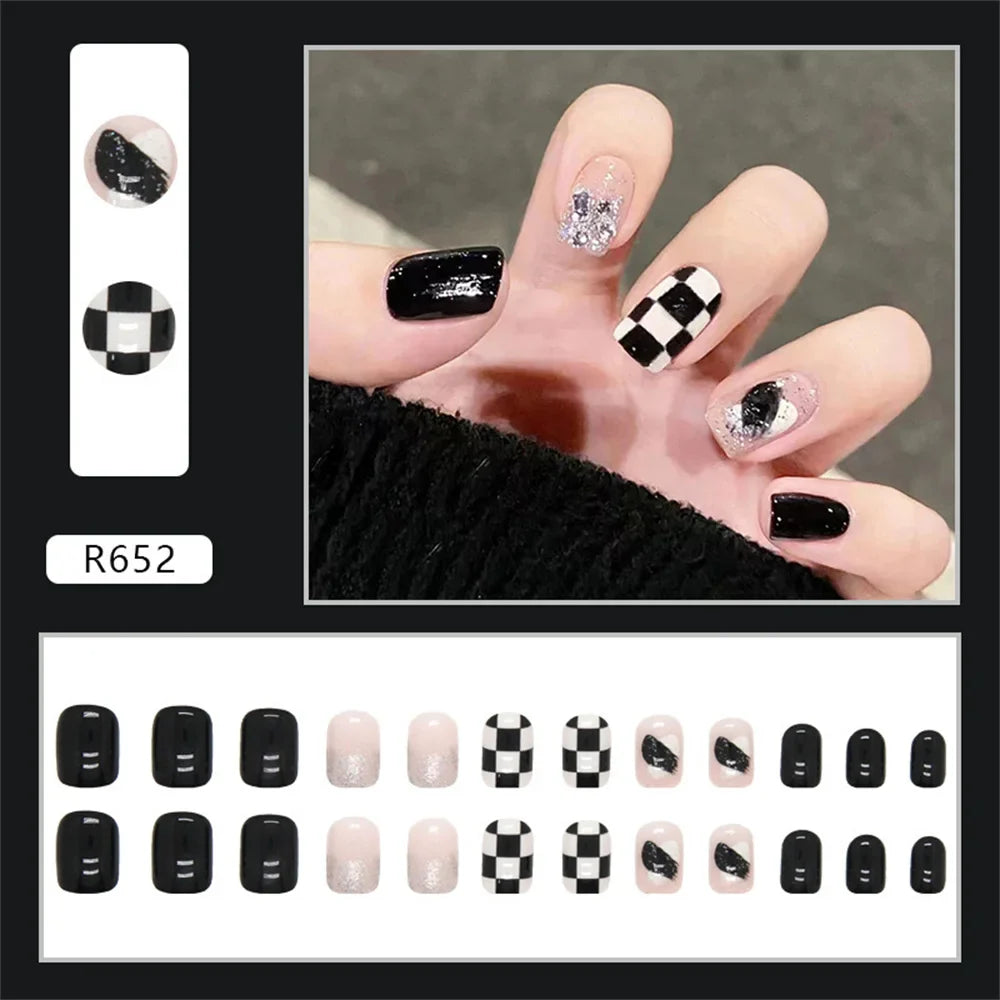 24Pcs Fashion Fake Nails Press on Nail Cute Bear Milk Tea Color Chessboard Grid Pattern Artificial nail Tips with Jelly glue