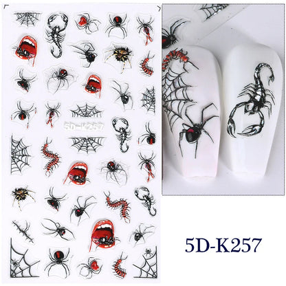 5D Gems Spider Embossed Nail Stickers Design Centipede Red Eyeball Adhesive Sliders Holiday Party New Year Decals Manicure Foils