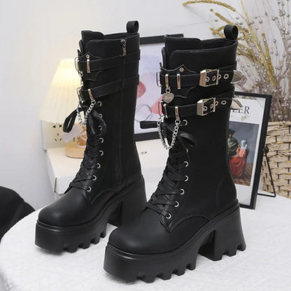 aichashi  -  Fashion Leather Gothic Boots Women Luxury Brand Buckle Chain High Heels Long Boots Autumn Ladies Motorcycle Boots Botas Mujer