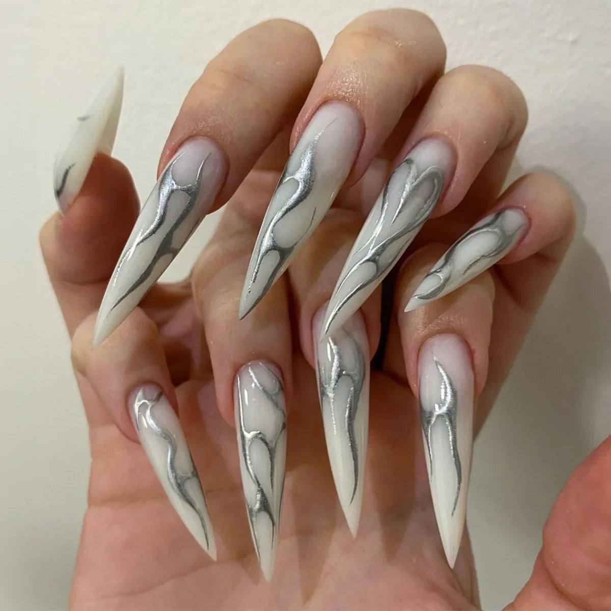 Aichashi Long Stiletto Ballet Fake Nail Tips with Glitter Gradient Designs Wearable False Nails with Glue Almond Press on Acrylic Nails