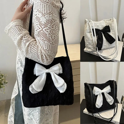 Aichashi Large Capacity Bow Handbag Fashion Reusable Korean Style Shoulder Bags Canvas Bag Shopping Bag Casual Tote Bags