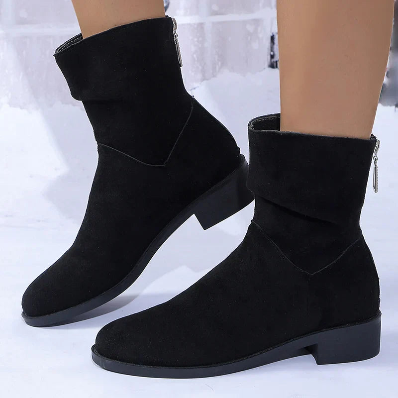 Aichashi Autumn Womens Solid Pleated Ankle Boots Fashion Faux Suede Square Heel Boots Ladies Round Toe Back Zipper Office Shoes Boats