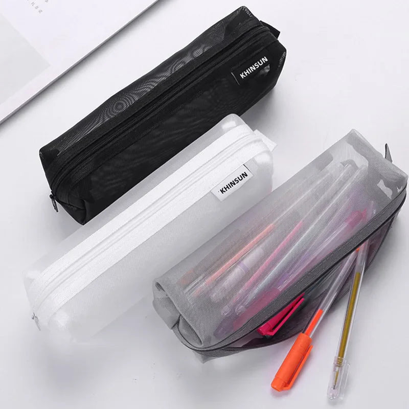 Aichashi BACK TO SCHOOL 1 Pcs Simple Mesh Transparent Pencil Case Storage Pen Bag Zipper Pouch Portable Mini Cute Stationery Office School Supplies