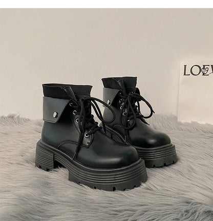 aichashi  -  Black Boots for Women Fashion Platform Boots Heightened Anti-slip High Top Sneakers Waterproof Desk Flap Lace-up New Biker Boots