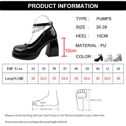 aichashi  - Vintage High Heels Mary Jane Shoes for Women Patent Leather Platform Pumps Woman Pearls Chain Thick-Heeled Shoes Female