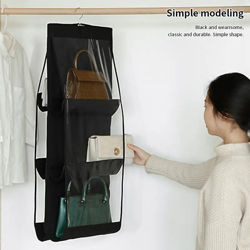 Aichashi Black Handbag Hanging Organizer With 6 Pockets Foldable Oxford Cloth Handbag Storage Bag For Family Closet Bedroom