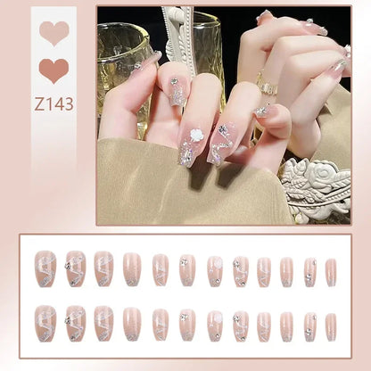 Aichashi 24pcs/box Fake Nails Press on Reusable with Designs Set French Artificial Aurora Diamond False Tipsy Stick-on Nails Tips Art