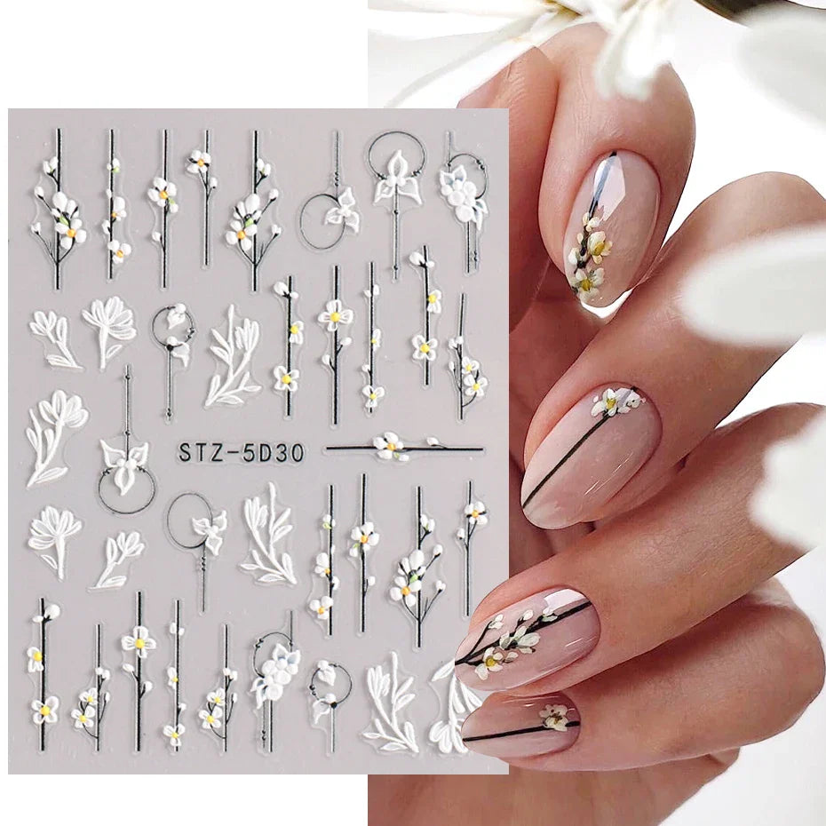 2Pcs 5D Acrylic Lace Flowers Nail Stickers Decals White Wedding Design Simple Floral Embossed Sliders DIY Nails Accesories