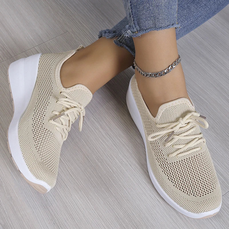 Aichashi 2024 Spring Breathable Wedge Sneakers Women Mesh Knitted Platform Sports Shoes Woman Casual Non-Slip Lace Up Tennis Shoes Ladies