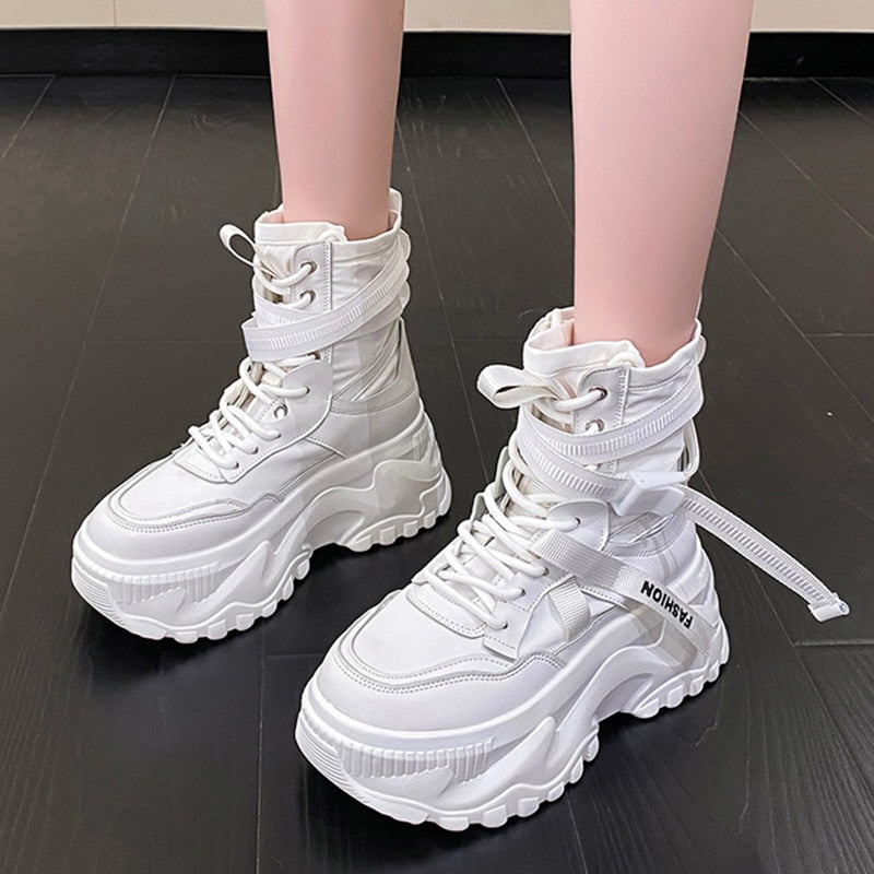 Aichashi Fashion Women Chunky Platform Motorcycle Boots White Lace Up Thick Bottom Shoes Woman Autumn Winter Ankle Botas De Mujer