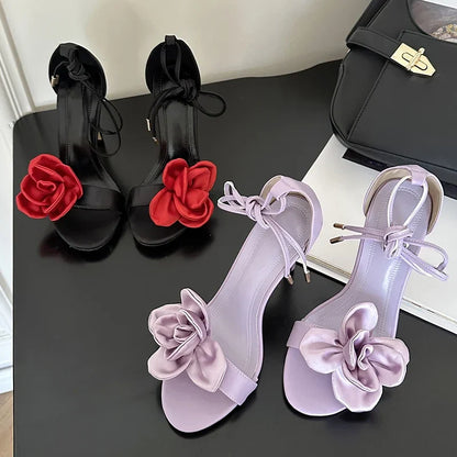 aichashi  -  Silk Rose Thin High Heels Sandals Female Footwear Cross-tied Designer Shoes Open-toe Fashions Purple Dressy Sandals Women Pumps