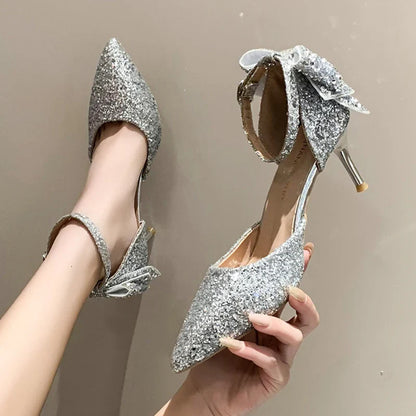 aichashi Luxury Silver Sequin High Heels Wedding Shoes Women Autumn Crystal Bowtie Ankle Straps Bridal Shoes Woman Thin Heeled Pumps