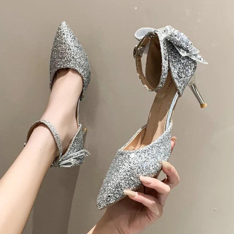 Aichashi Luxury Silver Sequin High Heels Wedding Shoes Women Autumn Crystal Bowtie Ankle Straps Bridal Shoes Woman Thin Heeled Pumps