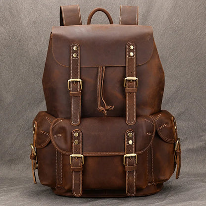 aichashi Vintage Crazy Horse Leather Mens Backpack Thick Genuine Leather Women Rucksack Big Capacity Travel Bag School Backpack