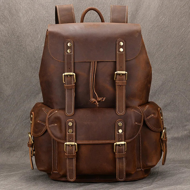 aichashi Vintage Crazy Horse Leather Mens Backpack Thick Genuine Leather Women Rucksack Big Capacity Travel Bag School Backpack