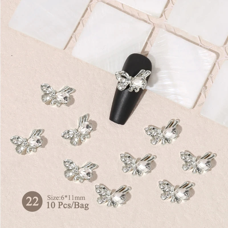 Aichashi 10pcs/bag Butterfly Shaped Nail Rhinestone Star Flower Nail Charm Silver Gold Alloy Nail Pearl Jewelry Accessories Nail Supplies