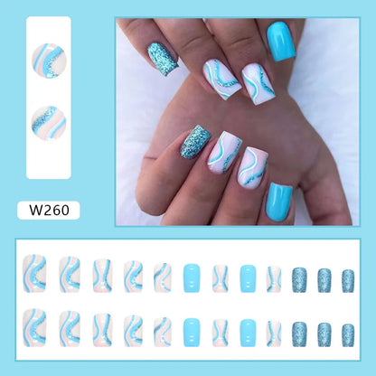 24Pcs/Set Medium Long French Wear False Nails Art Blue Wave Press on Acrylic Nail Tips Hot Fake Nails Collection Stick on Nails