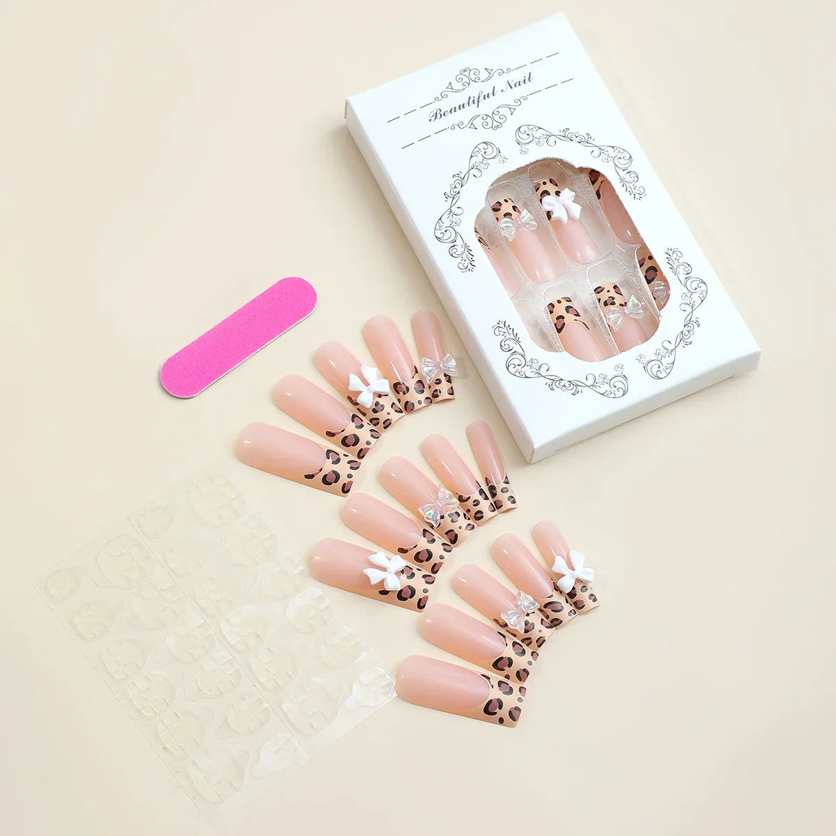 Aichashi 24Pcs Wearable False Nails Long Ballerina Press On Nails French Coffin Fake Nails tip with rhinestones Leopard Print Nail