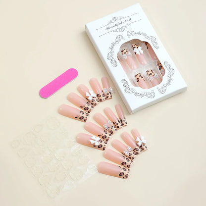 Aichashi 24Pcs Wearable False Nails Long Ballerina Press On Nails French Coffin Fake Nails tip with rhinestones Leopard Print Nail