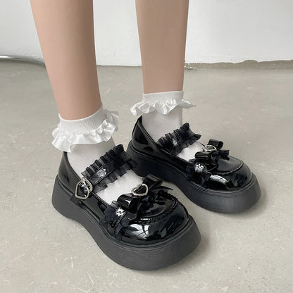 aichashi Kawaii Lace Bowknot White Lolita Shoes Women Heart Buckle Platform Mary Janes Woman Japanese Style Patent Leather Jk Shoes