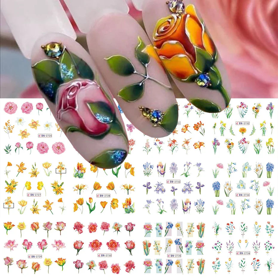 Aichashi 12 Designs Lily Flowers Nail Stickers White Flower Green Leaf Geometric Line Sliders Spring Floral Water Transfer Decals Slider