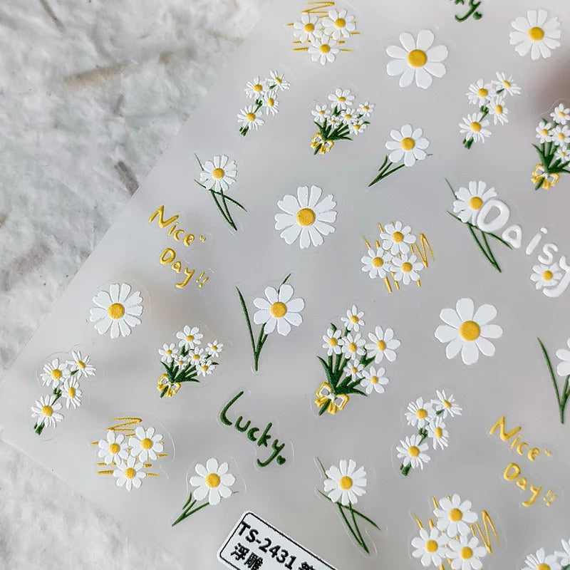 5D Realistic Relief Spotlessly White Blossoming Daisy Bouquet Flowers Adhesive Nail Art Stickers Decals Manicure Ornaments