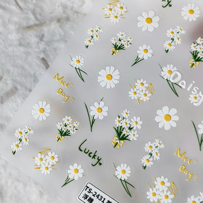 5D Realistic Relief Spotlessly White Blossoming Daisy Bouquet Flowers Adhesive Nail Art Stickers Decals Manicure Ornaments