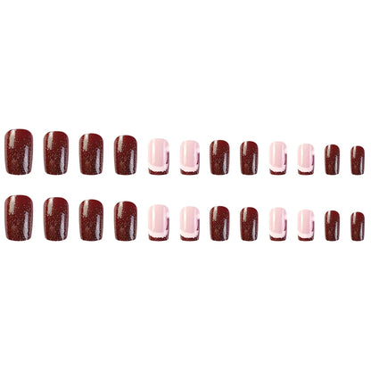 24 Pcs Glossy Medium Square Press On Nails Red Christmas Glitter Fake Nails French Style Reusable False Nails