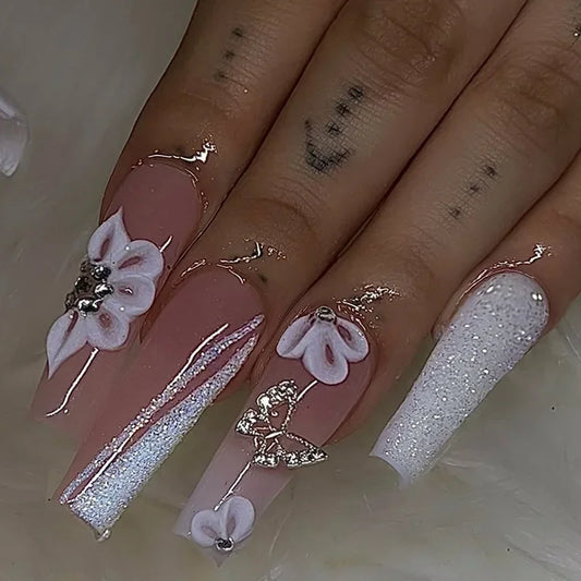 24Pcs Long Ballet False Nails White French Coffin Fake Nails with Butterfly Rhinestone Wearable Finished Press on Nails Manicure