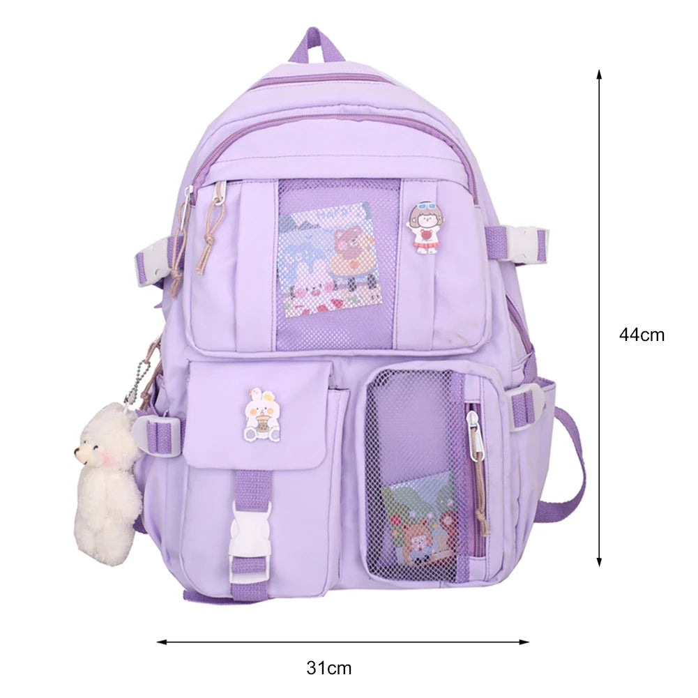 Aichashi Fashion Japanese Nylon Bookbags with Plush Pendant Summer New Student Kawaii Backpack Large Capacity Woman College Rucksack