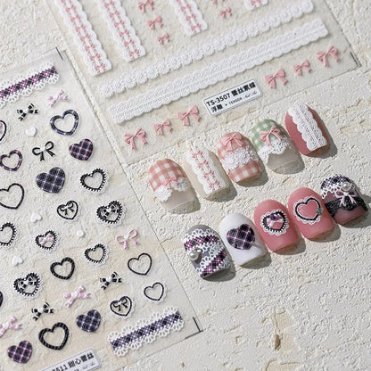 Aichashi 1pcs 5D Relief Kawaii Lace Series Nail Art Stickers Pink Bow Heart Nail Decoration Decals Self-Adhesive Manicure Accessories DIY