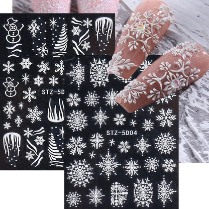 5D Snowflake Embossed Nail Sticker White Elk Tree Carved Santa Claus Christmas Nail Glitter Slider  Winter Nail Accessories