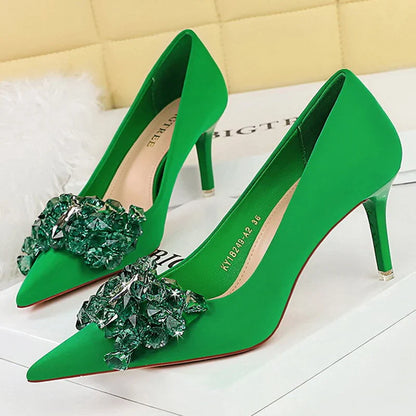 aichashi  -  Shoes Gemstone Bowknot Women Pumps Silks Satins High Heels Sexy Party Shoes Fashion Stilettos Wedding Shoes Stilettos