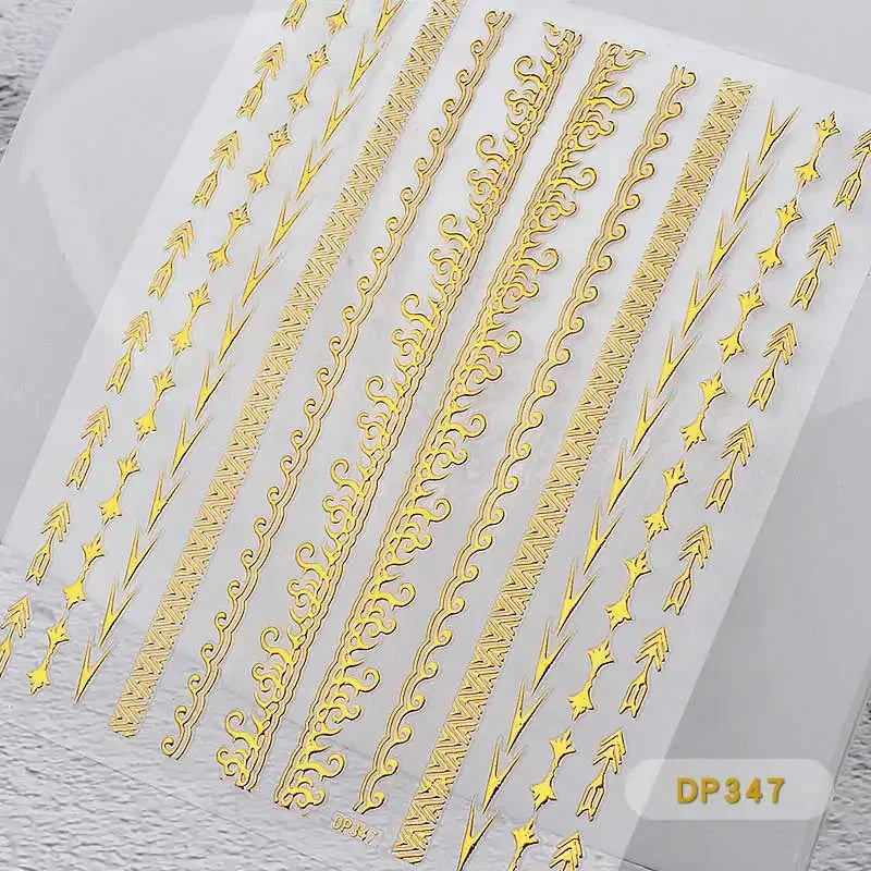 1 Sheet Gold Metal Chains Nail Stickers Mix Wave Heart Bow 3d Golden Metallic Adhesive Sticker DIY Manicure Nail Art Decorations