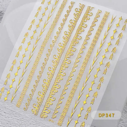 1 Sheet Gold Metal Chains Nail Stickers Mix Wave Heart Bow 3d Golden Metallic Adhesive Sticker DIY Manicure Nail Art Decorations