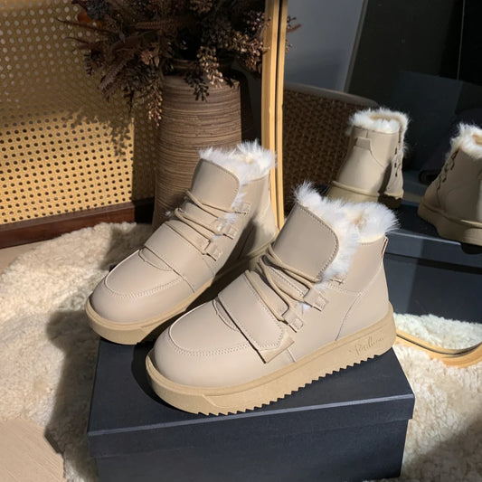 aichashi  -  autumn winter snow boots for women casual lace up and plush thick warm sponge cake thick sole high top low cut cotton shoes